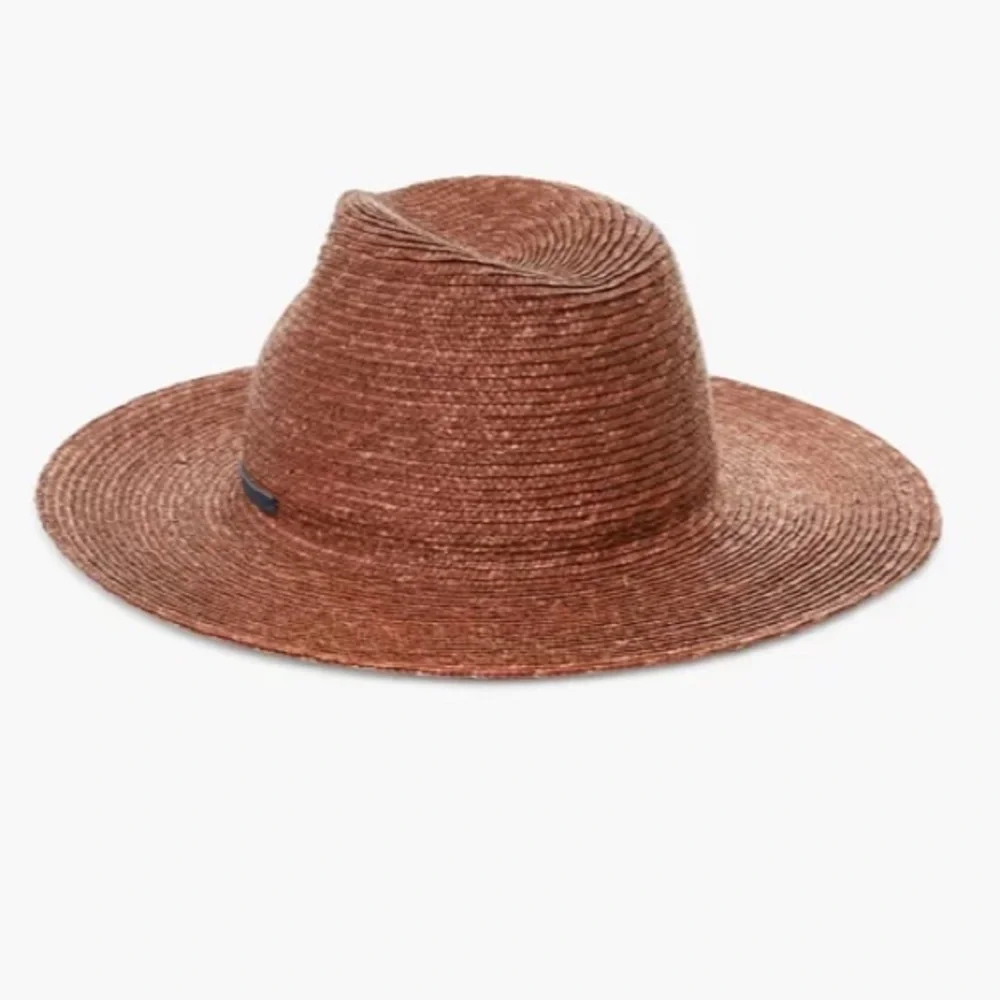 Lola hat from Tuckernuck Wide-Brim Straw Fedora in Rust with Navy Band - Picture 3 of 11